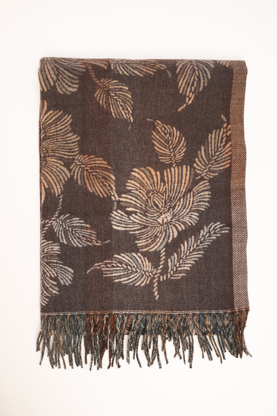 Sciarpa floreale con frange marrone-cammello