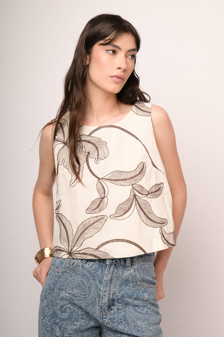 Top cotone fantasia ricamo palm