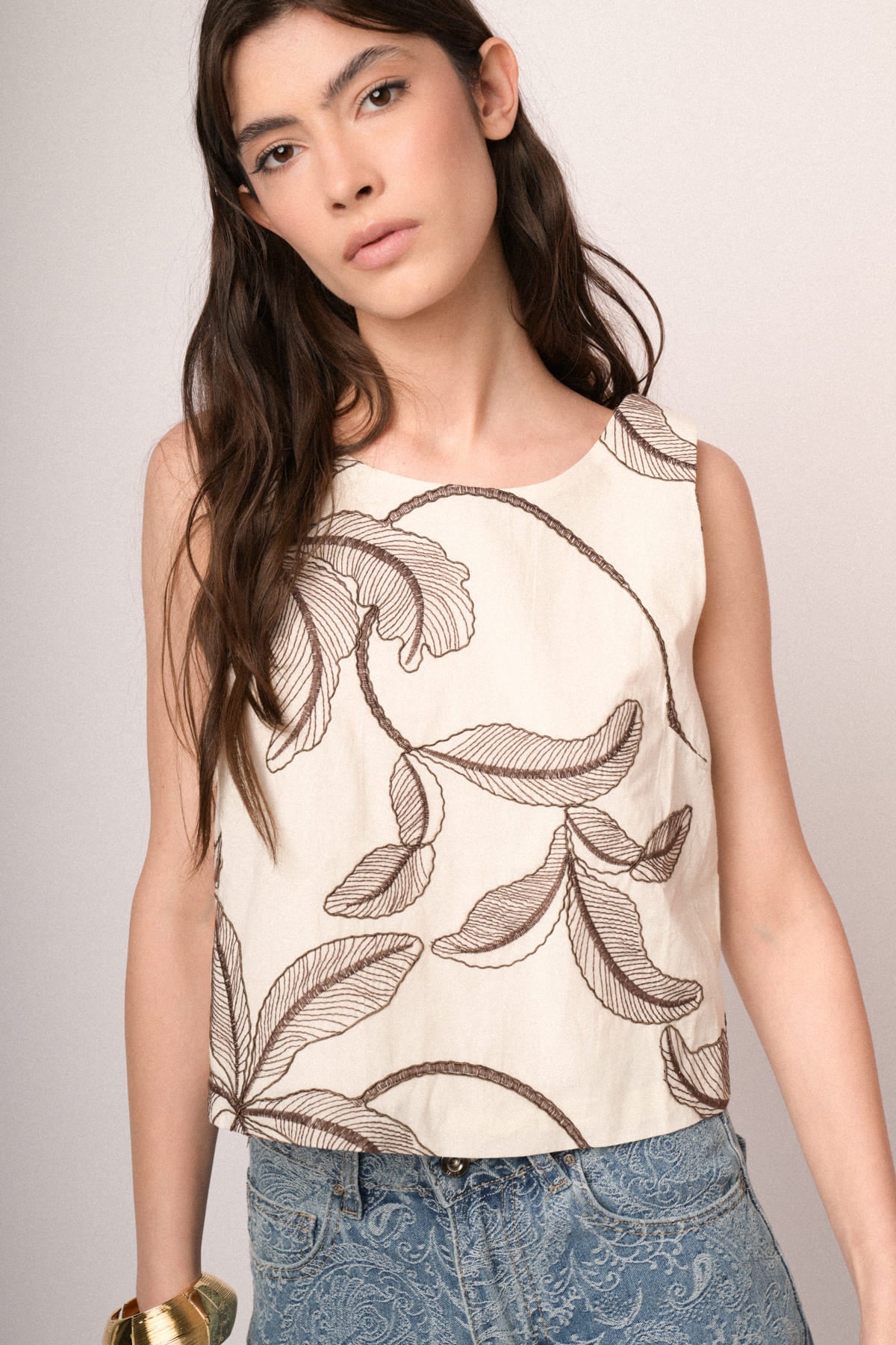 Top cotone fantasia ricamo palm