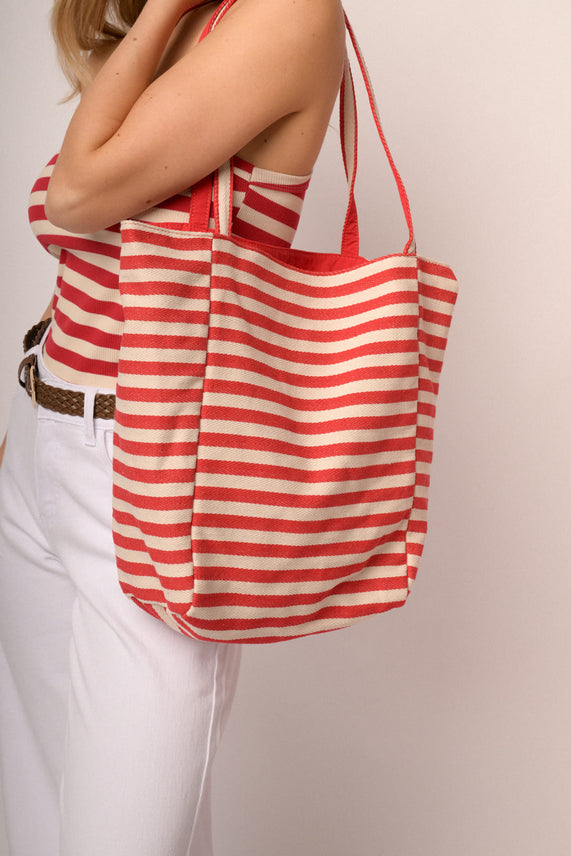 Borsa tote grande a righe rosse  & beige