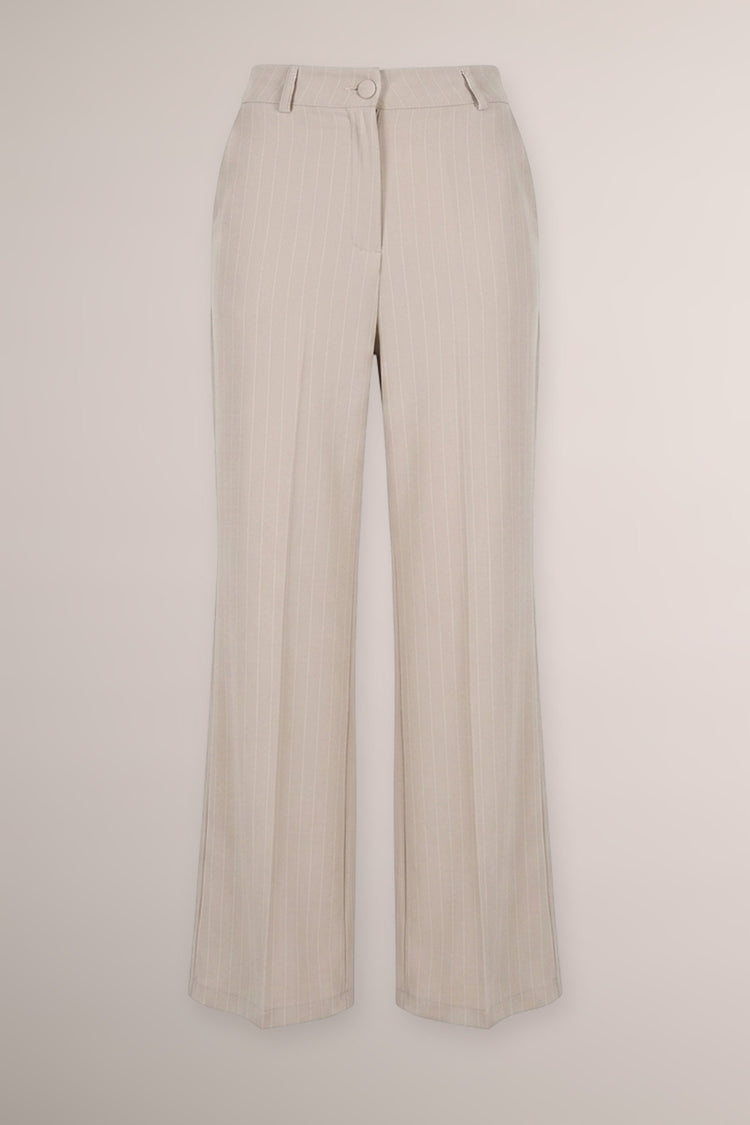 Pantaloni gessati beige a gamba svasata