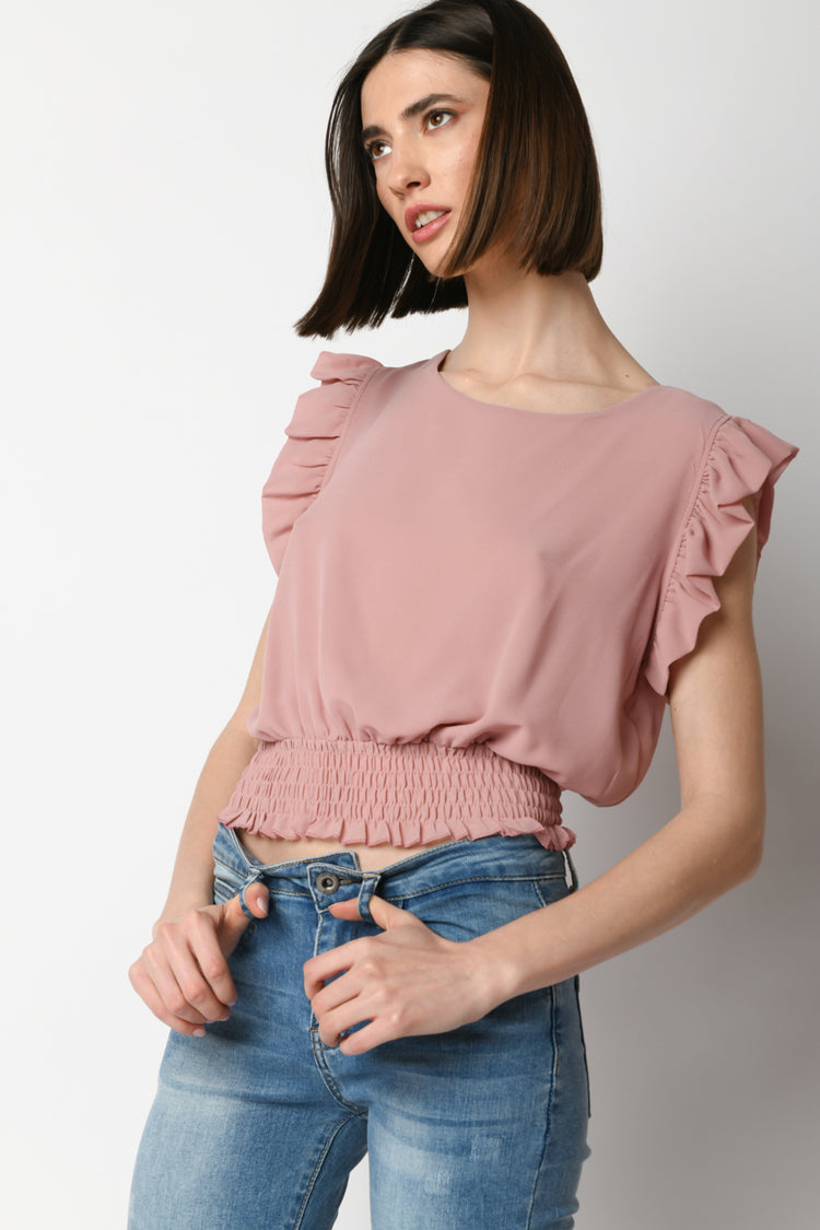 Top crop a punto smock con rouches
