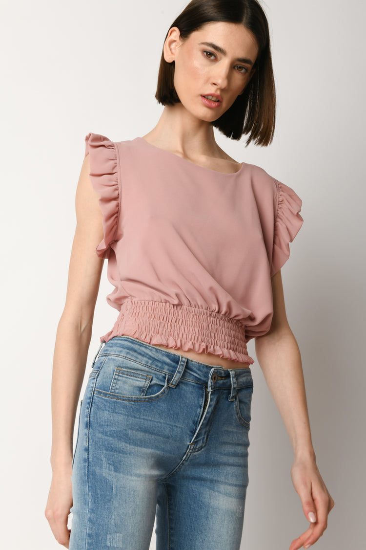 Top crop a punto smock con rouches