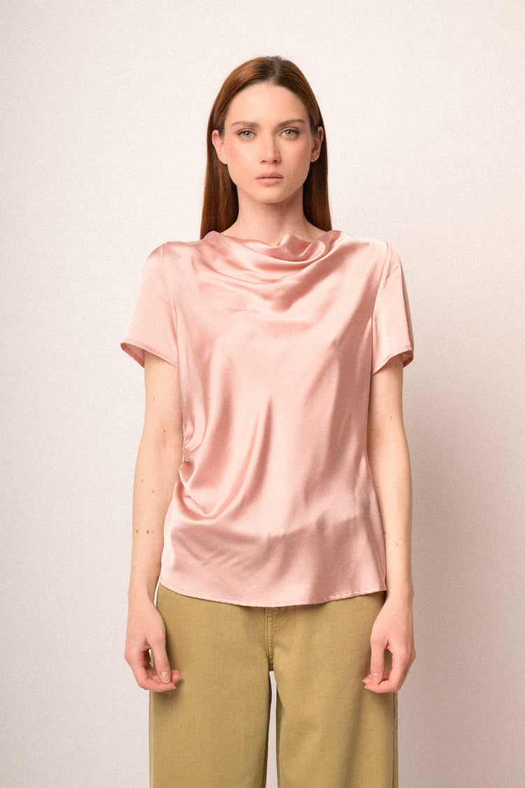 T-shirt drappeggiata in raso rosa