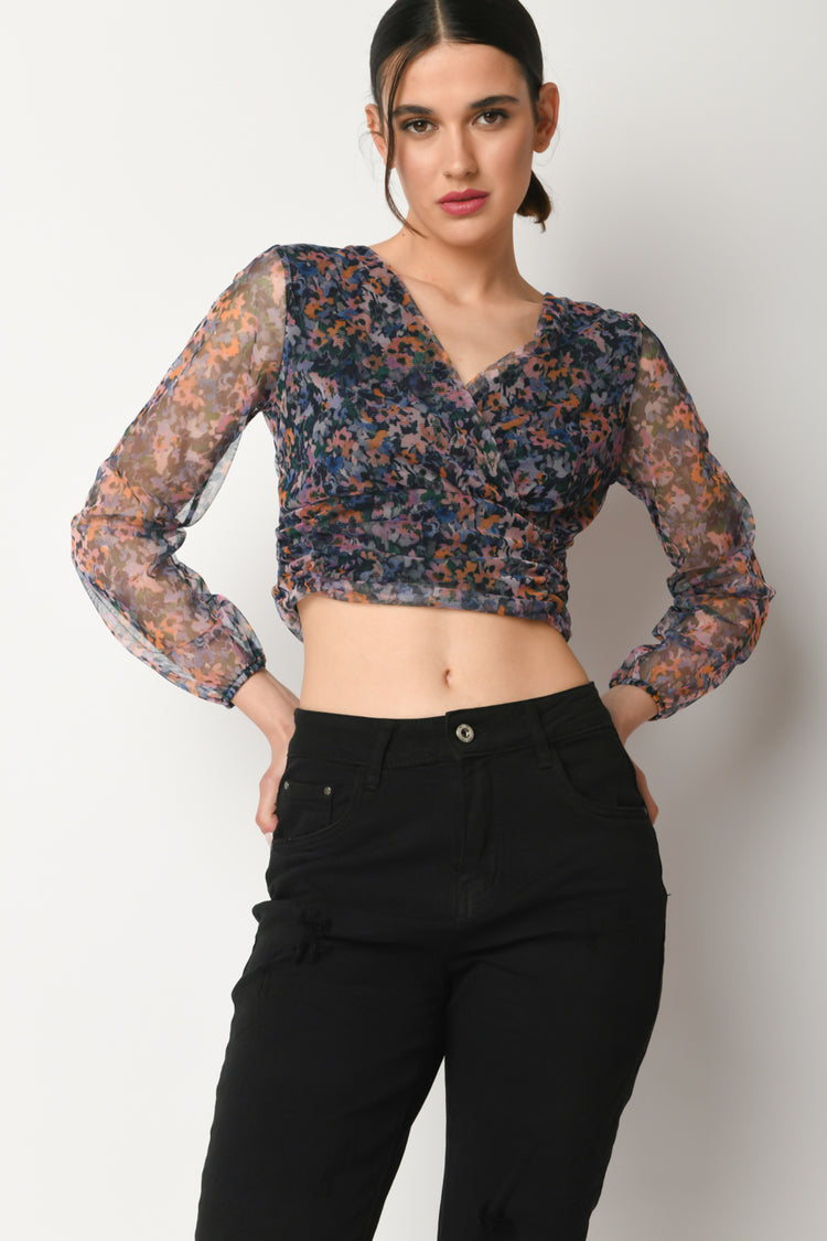 Top crop in tulle a stampa micro floreale
