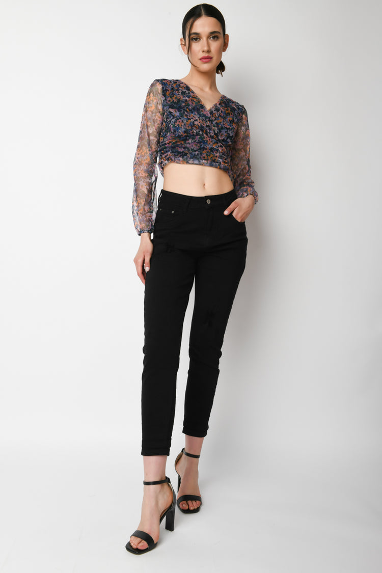 Top crop in tulle a stampa micro floreale